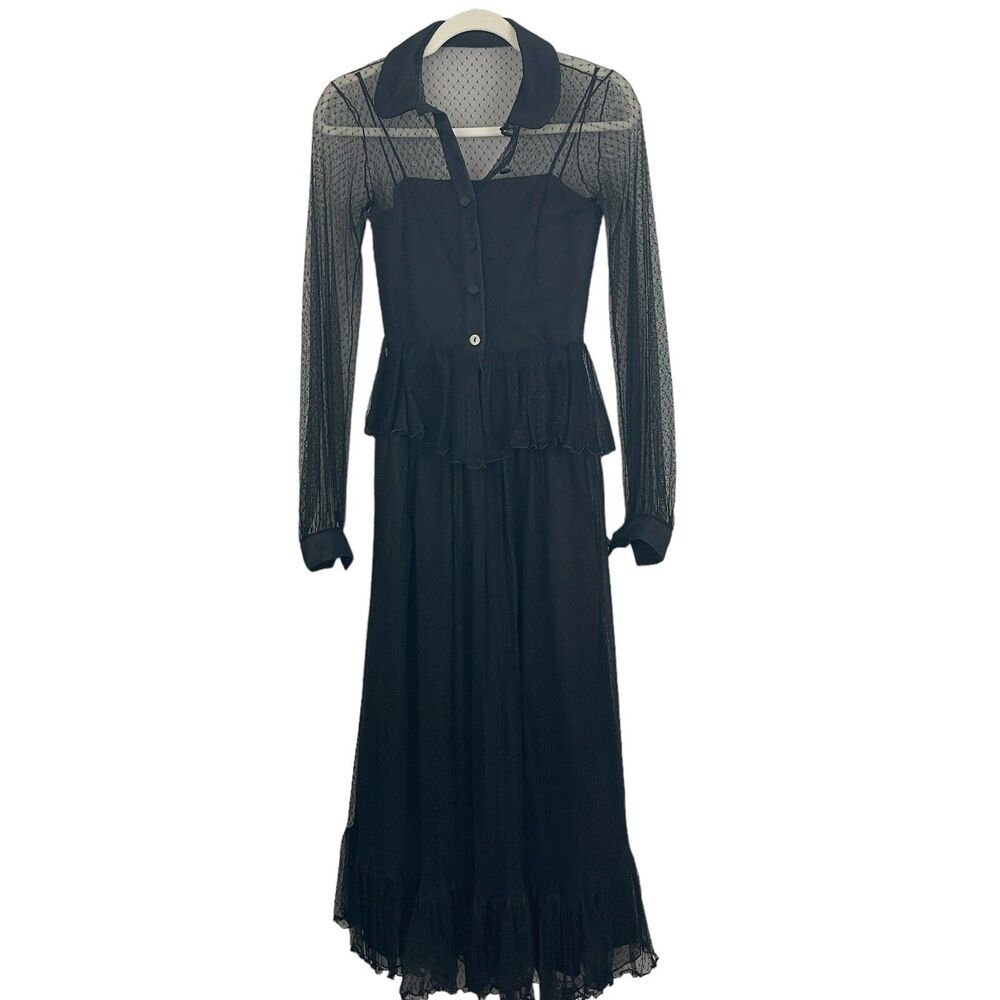 VTG 70s Gown Les Wilk Maxi Dress Sz XS Black Lace Sheer Blouse WhimsiGoth Witchy
